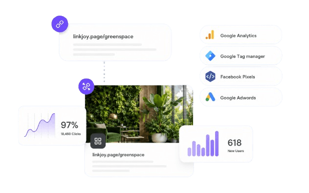 A Linkjoy page with a custom domain, analytics and connected add-ons.